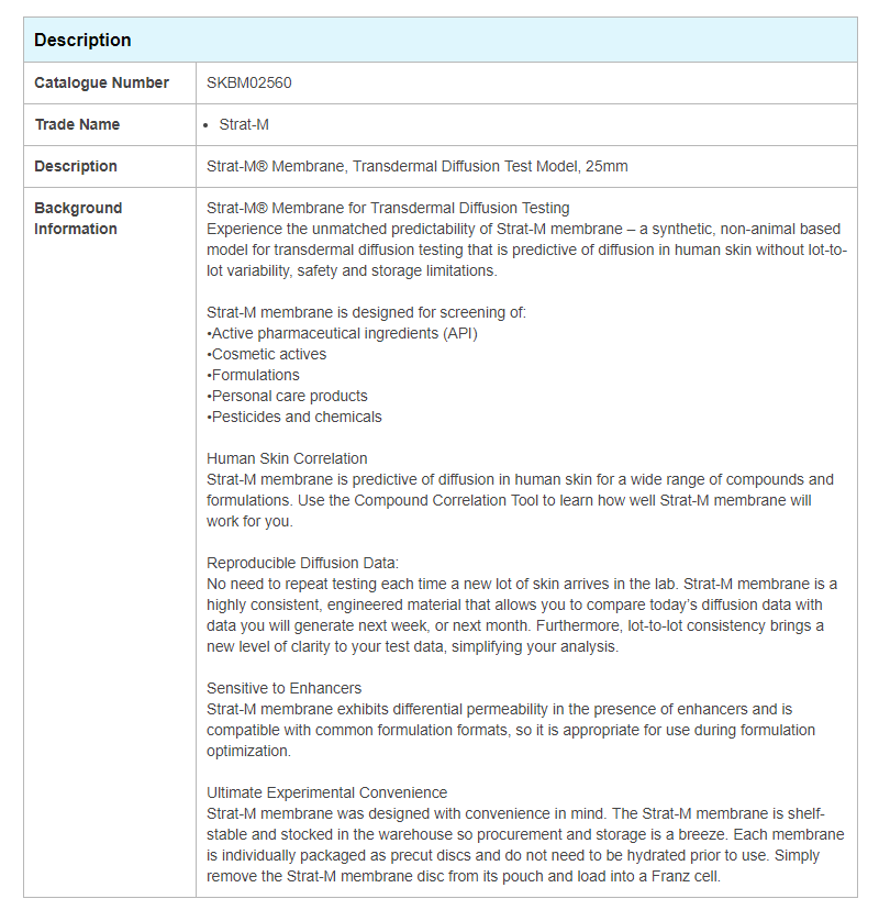 Strat-M透皮扩散膜模型SKBM02560 25mm皮肤膜 技术参数